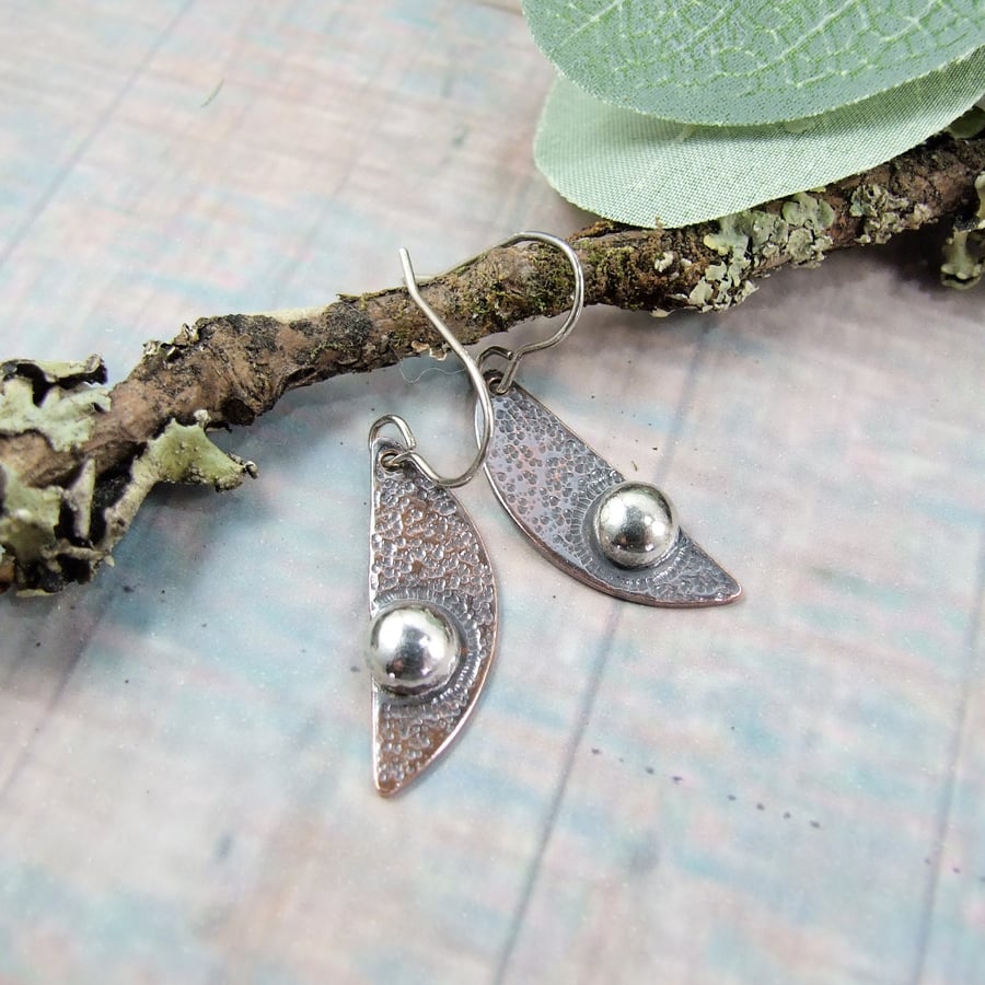 Earrings, Sterling Silver and Copper Semi Circle Dropper Earrings