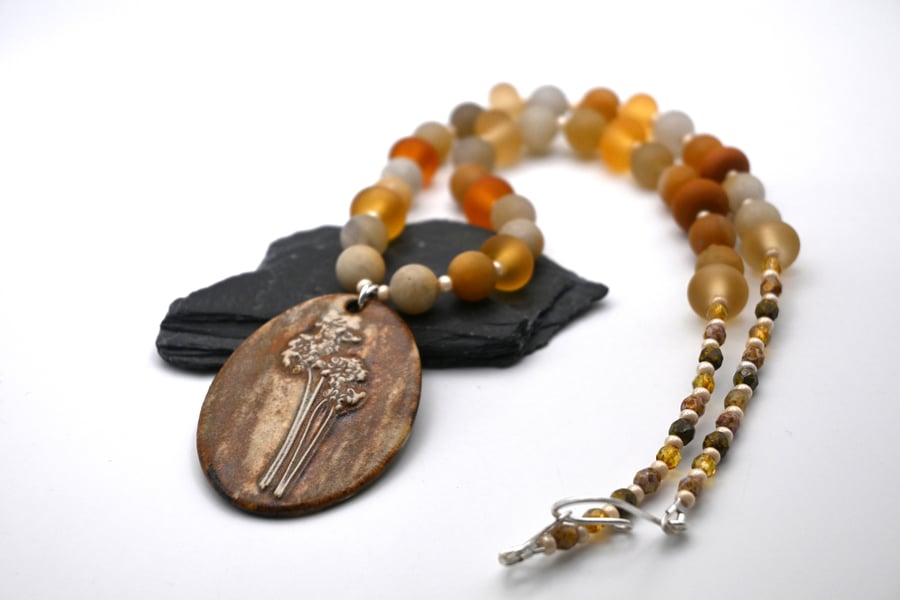 lampwork glass and yellow jade gemstone necklace, ceramic pendant