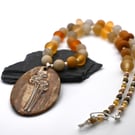 lampwork glass and yellow jade gemstone necklace, ceramic pendant