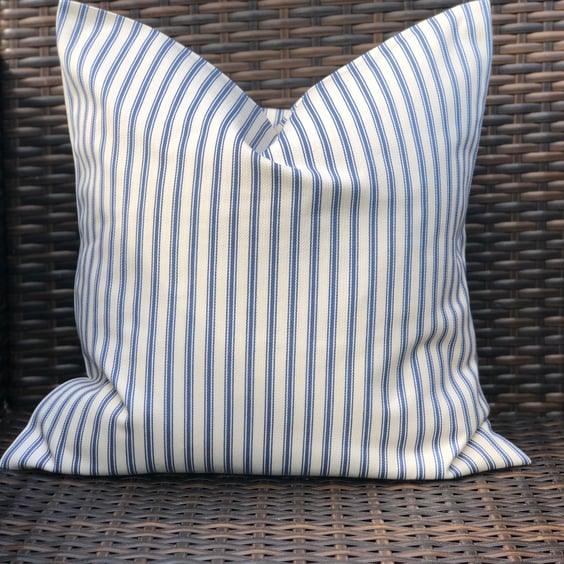 Blue and Cream Ticking Cushion Cover (16" x 16")