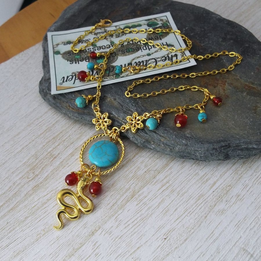 Carnelian & Turquoise Gold Plated Snake Necklace, Egyptian Styled Beaded Chain