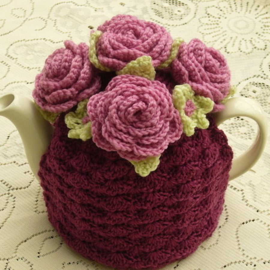 Crochet Tea Cosy Plum with Pink Roses (Made to order)