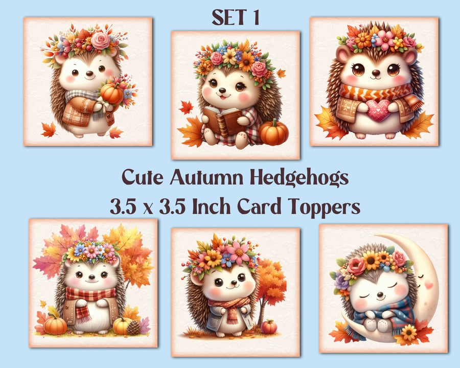 Autumn Hedgehogs Square Card Toppers for Card Making, Journals, Tags, Scrapbooks