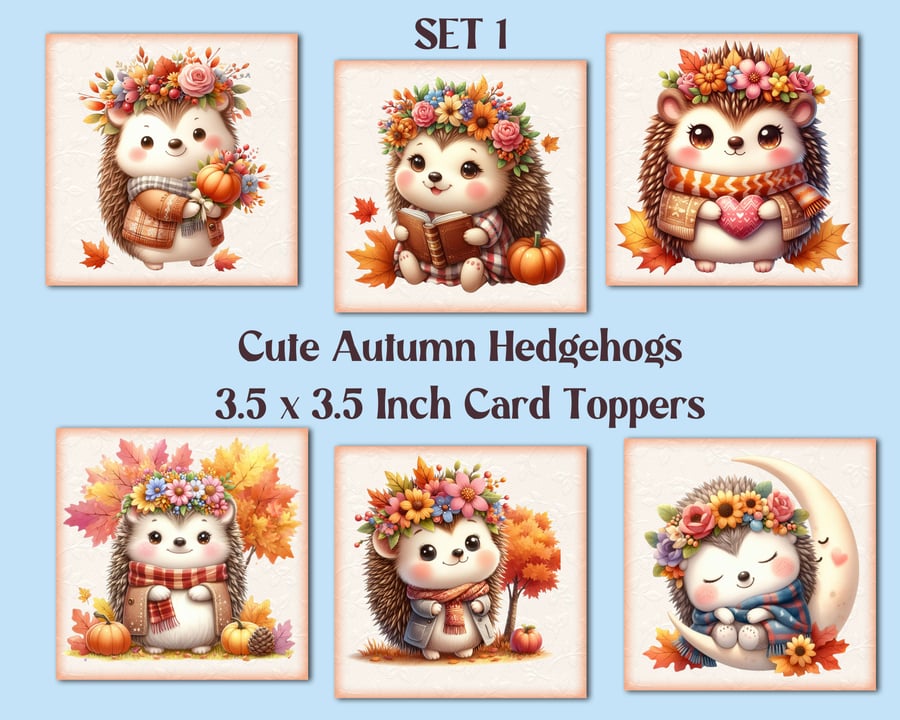 Autumn Hedgehogs Set of 6 Square Card Toppers for Card Making, Journals, Tags