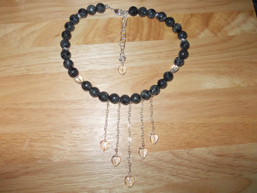 Larvkite and clear quartz heart necklace