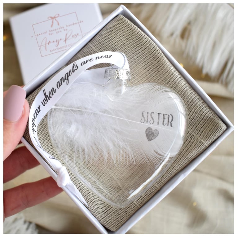 Sister Memorial Feather Bauble, In Memory of Sister, Heart Glass Christmas Ornam