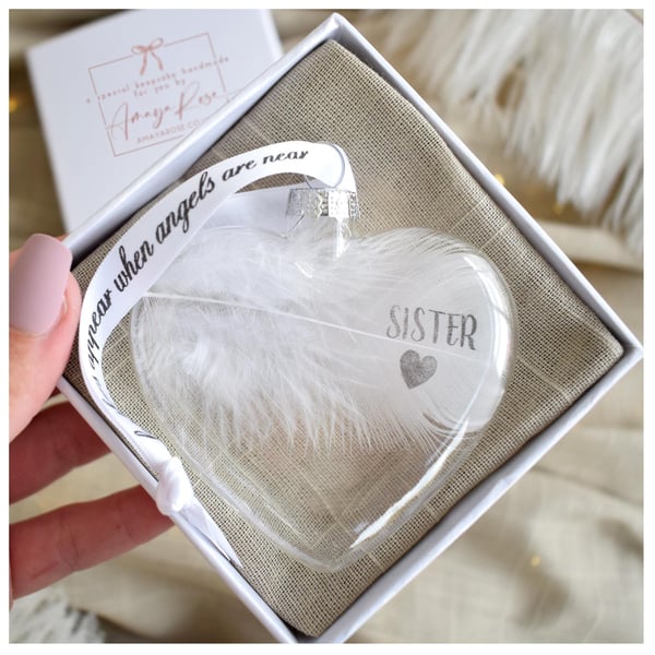 Sister Memorial Feather Bauble, In Memory of Sister, Heart Glass Christmas Ornam