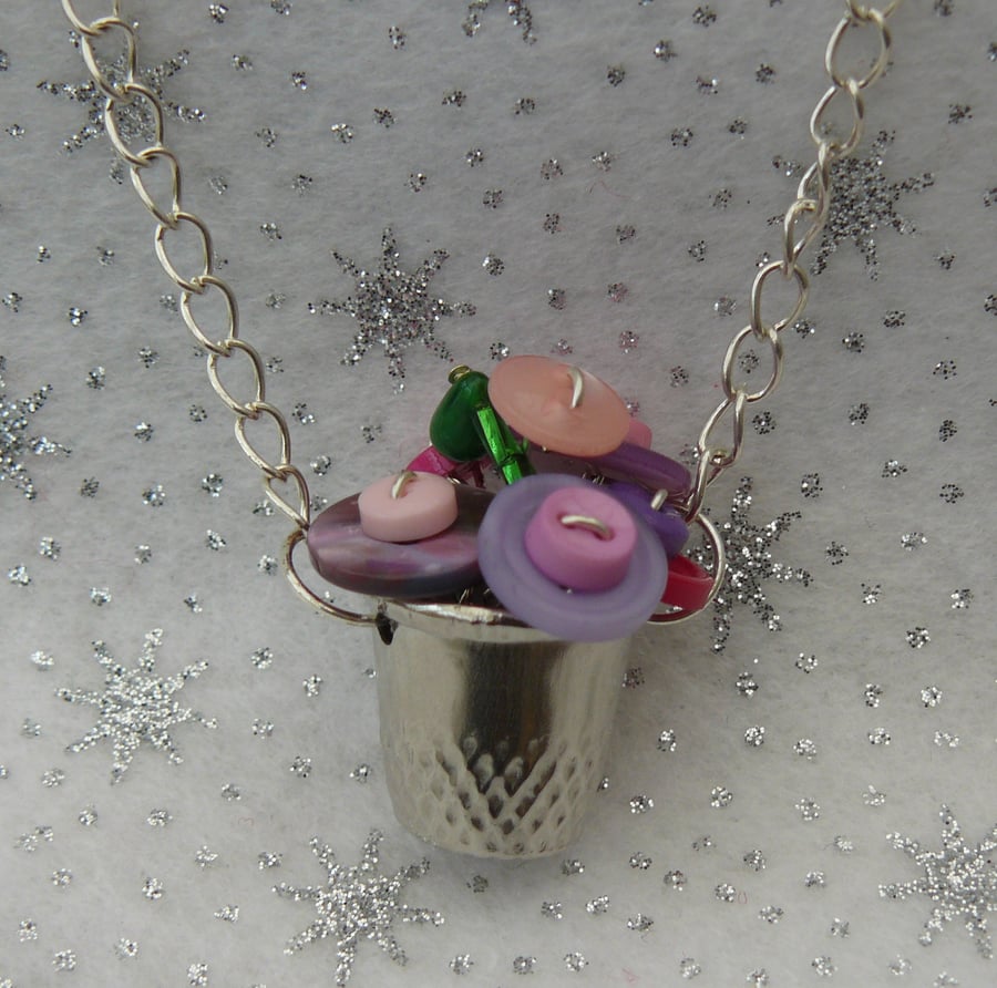 Tiny Pink and Purple Thimble Button Bouquet Necklace 
