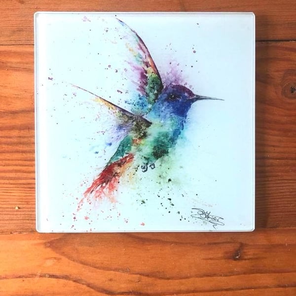 Hummingbird Watercolour Glass Trivet, Pot Stand, Table Mat, Placemat, Hot Plate 