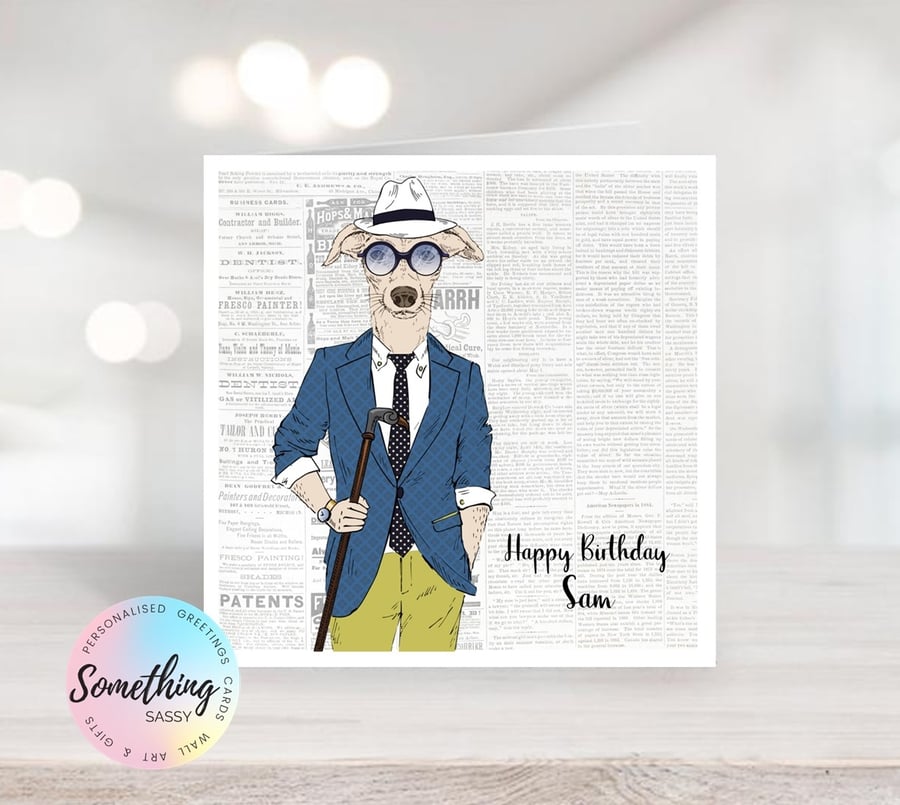 Hipster Dog Greetings Card Personalised for any occasion and with any text