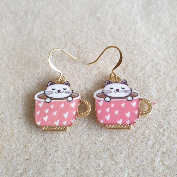 cute kitsch 18k gold plated earrings with cute kitsch cat in tea cup charms