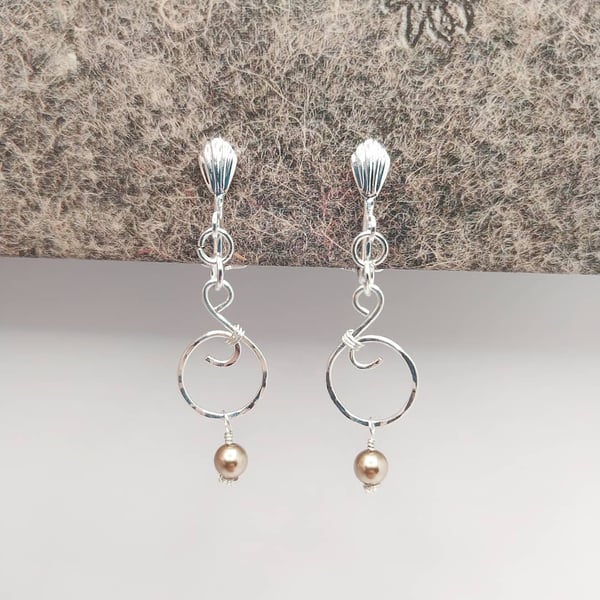 Tiny Clip-on Swirl Drop Earrings with Swarovski Pearl