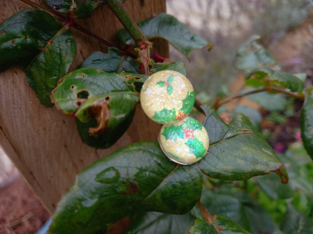 Glittery Yellow and Green Holly Circle Stud Earrings