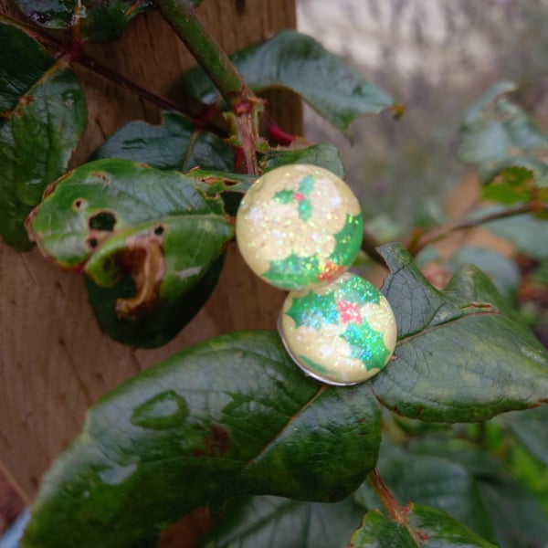Glittery Yellow and Green Holly Circle Stud Earrings