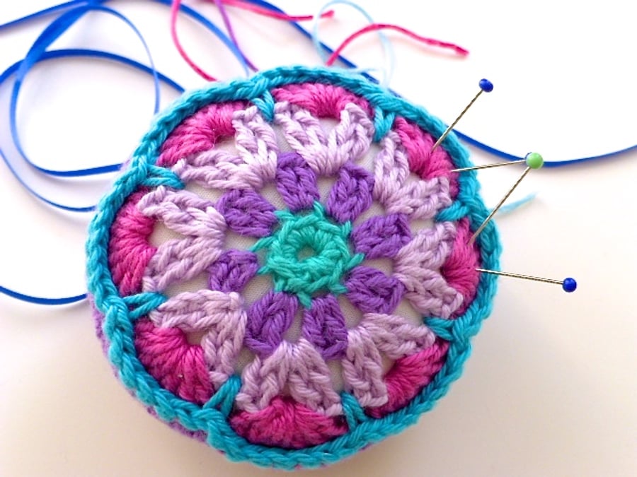 Pincushion, flower pincushion, crochet mandala pincushion