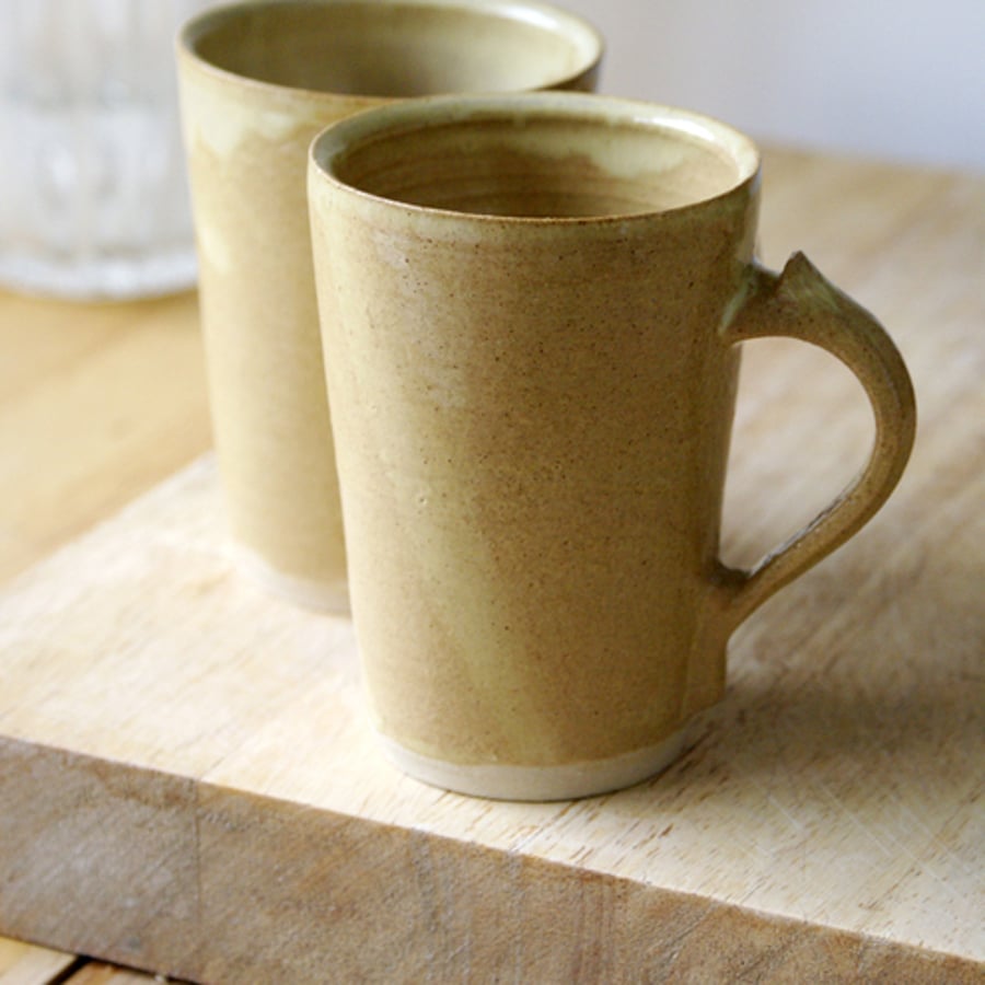 Two spicy chai latte mugs - stoneware pottery mugs glazed in yellow