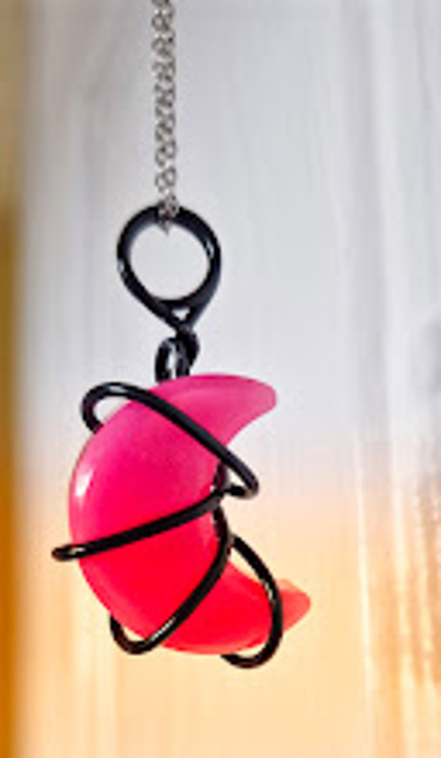 Hand Wrapped Pink Glass Necklace – Dark Wire Wrapped Pendant – Resin