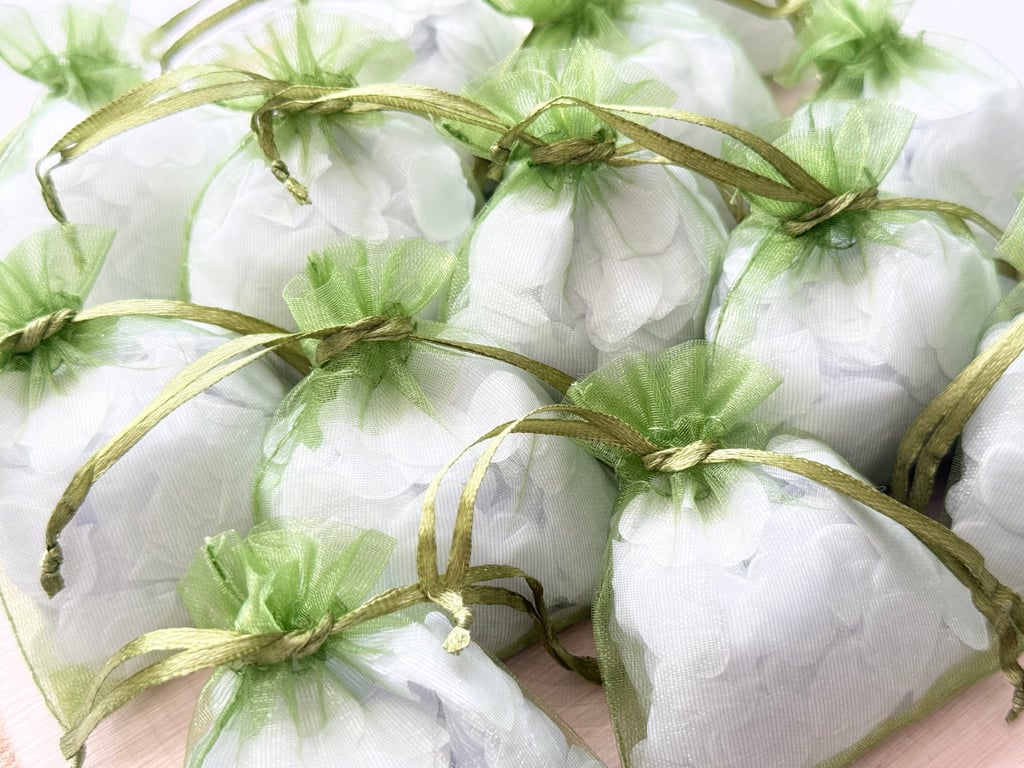 White Biodegradable Heart Confetti, Green Bags - Wedding Toss Eco Send Off Decor