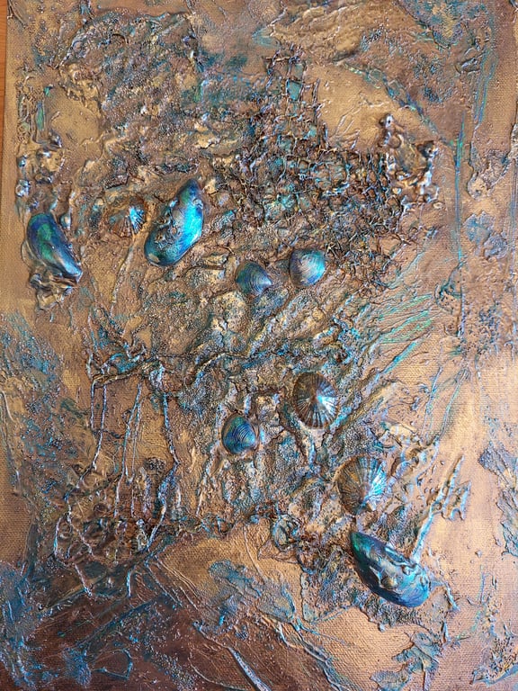 Tides Out. Mixed Media Textured Seascape with Iridescent Shells Beach Theme