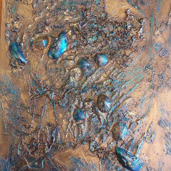 Tides Out. Mixed Media Textured Seascape with Iridescent Shells Beach Theme