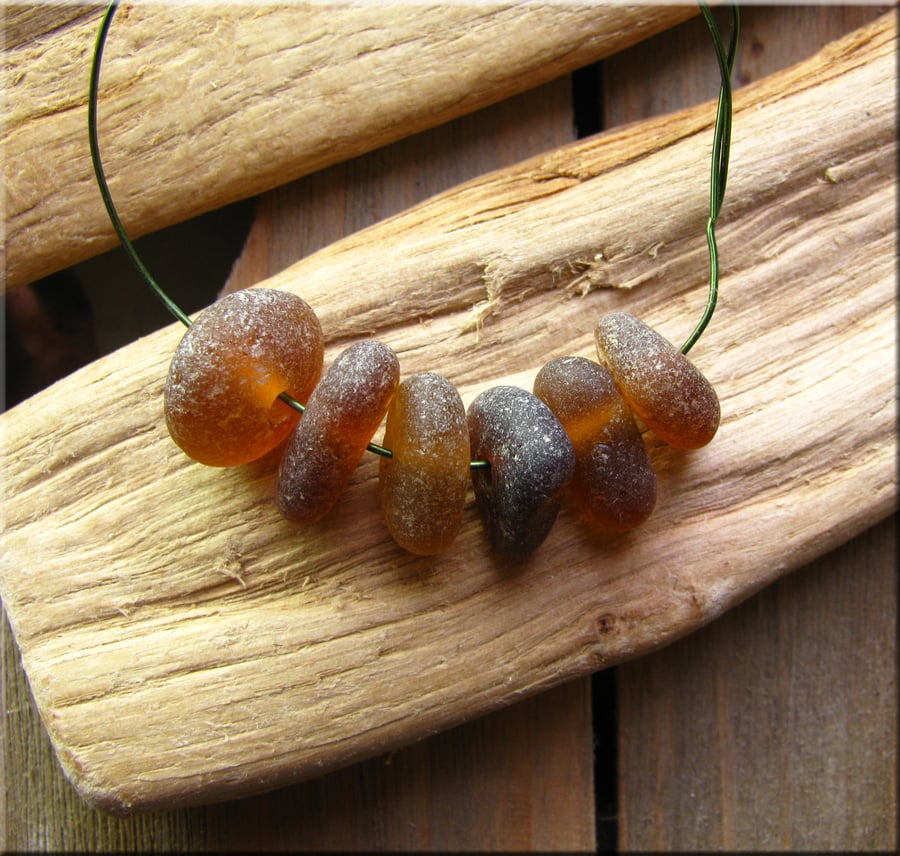 6 Natural sea glass beads, middle drilled, chunkies,supplies (18)