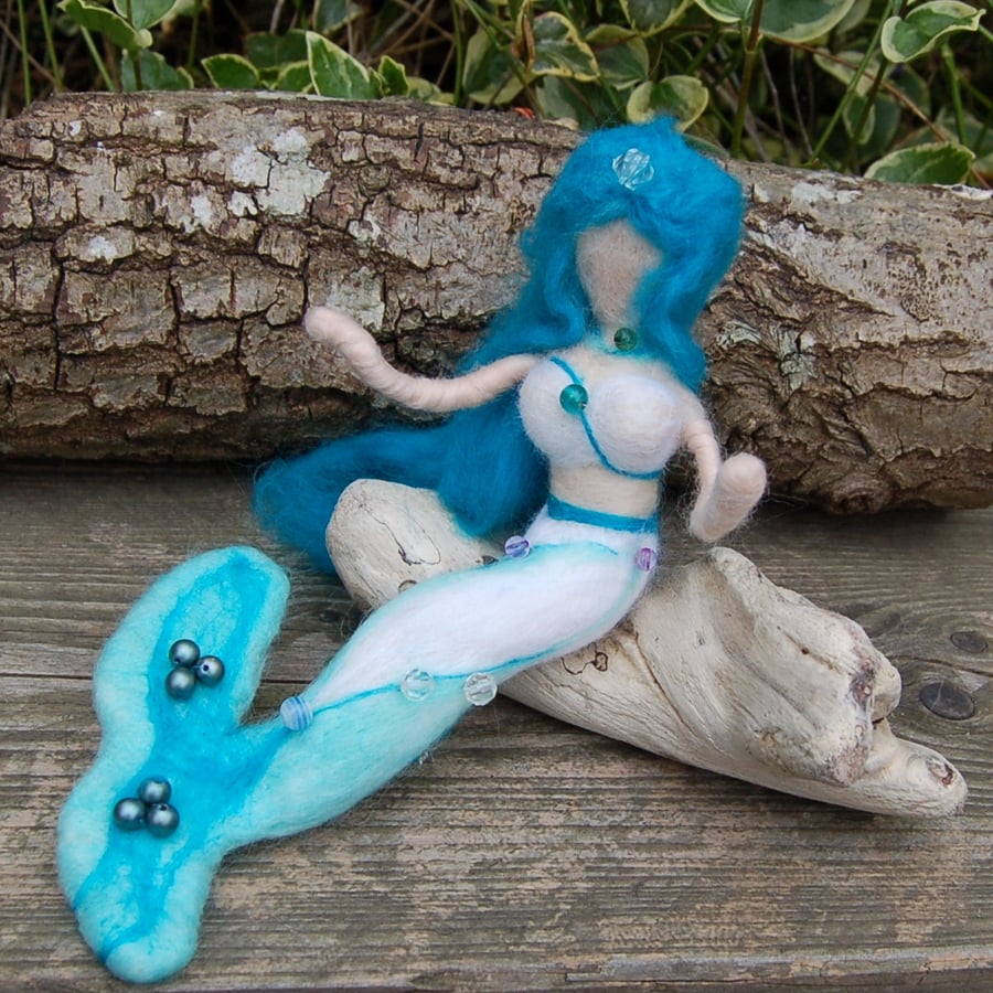  Needle felt mermaid, turquoise and blue, decorated with beads. Siren, Sea Witch