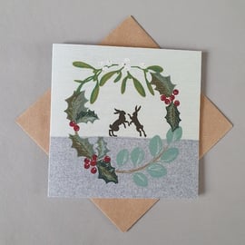 Christmas Boxing Hares with Wreath card
