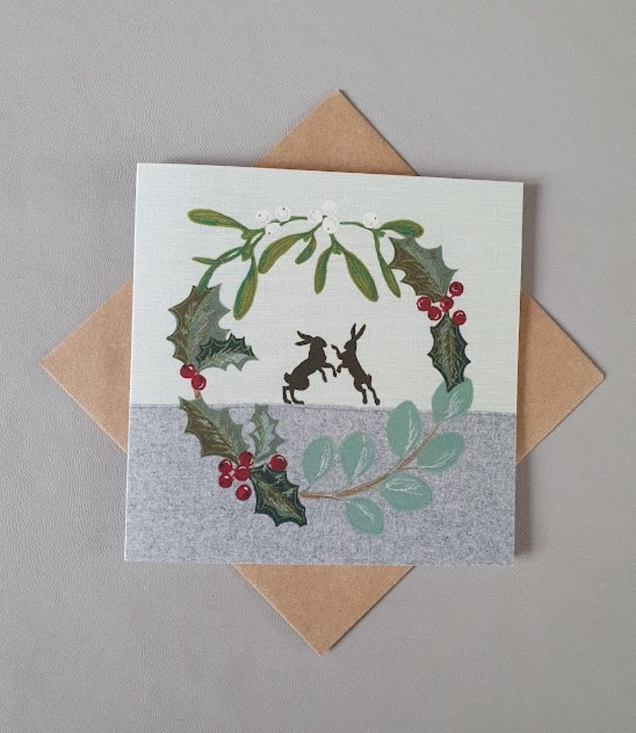 Christmas Boxing Hares with Wreath card
