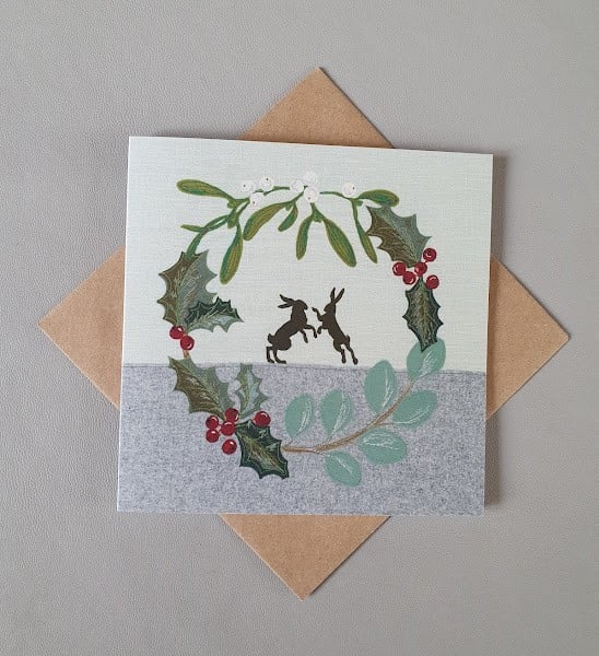 Christmas Boxing Hares with Wreath card