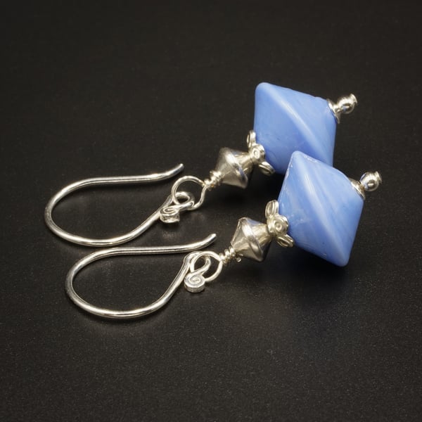 Murano sky blue sterling silver Venetian Murano glass bicone drop earrings.