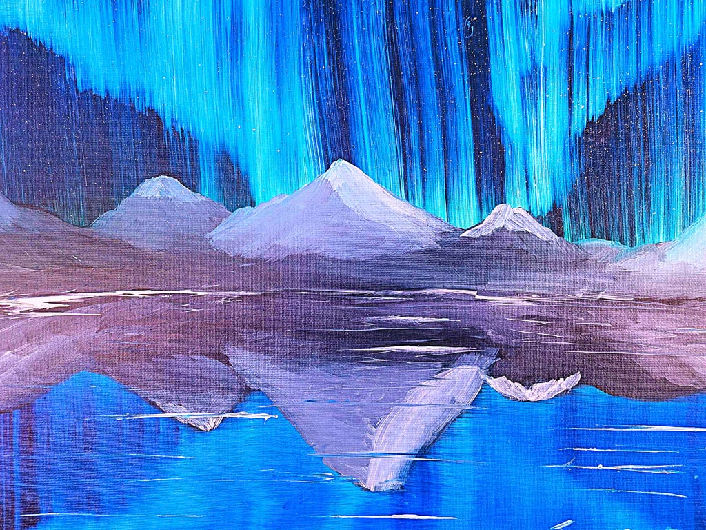 Islands under the Northern Lights Reflections Original Oil Painting on Canvas