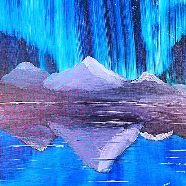 Islands under the Northern Lights Reflections Original Oil Painting on Canvas