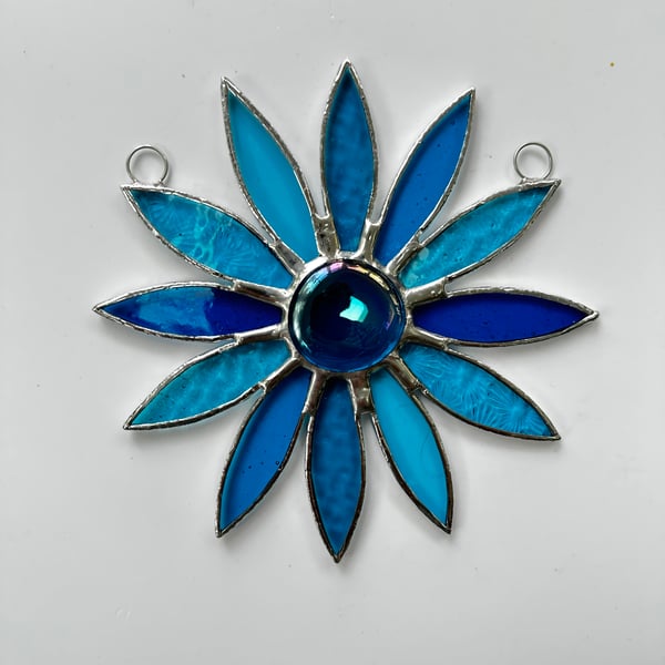 Stained Glass Daisy Suncatcher Handmade Hanging Decoration - Turquoise No.3