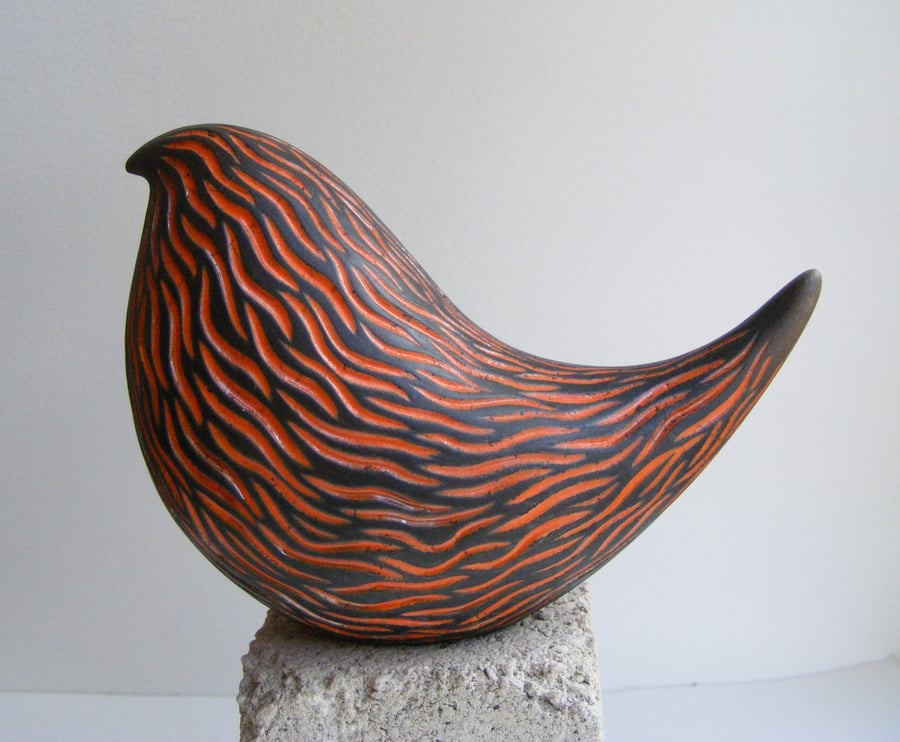 Carved, raku fired bird (D)