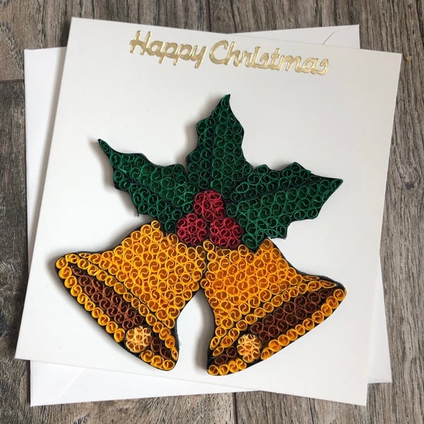 Stunning handmade quilled Bells Christmas card