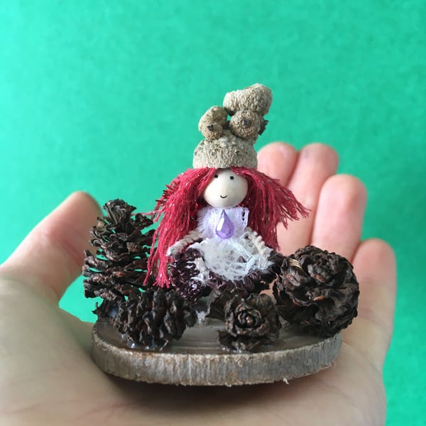 Very Tiny Pine Cone Fairy Decoration, Fairy Doll Ornaments, Woodland Decoration