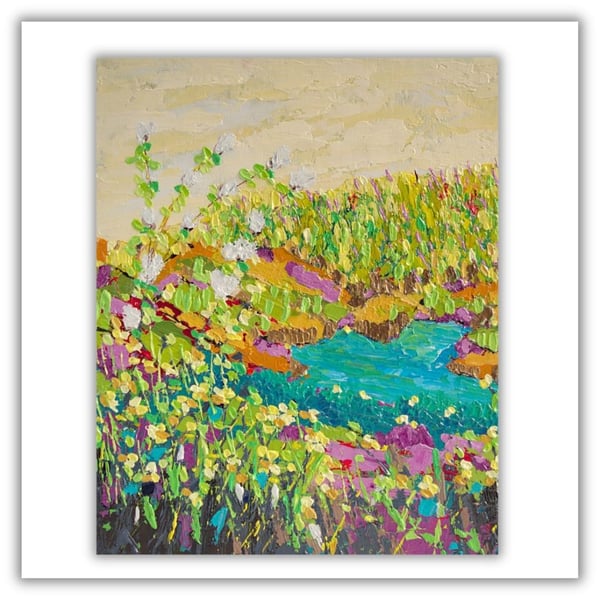 landscape painting - wildflowers - sunny day - acrylics - impasto painting