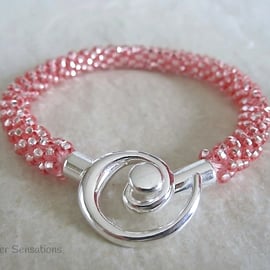 Shiny Silvery Pastel Pink Beaded & Braided Woven Kumihimo Bracelet