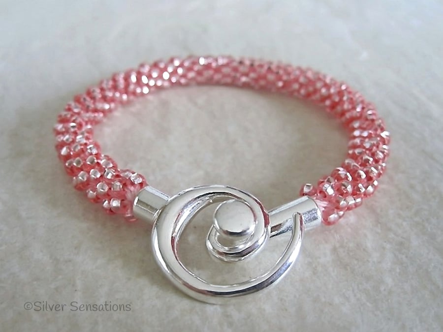 Shiny Silvery Pastel Pink Beaded & Braided Woven Kumihimo Bracelet