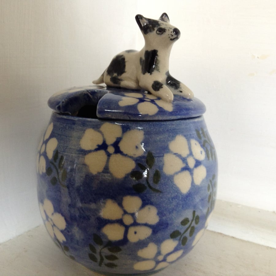 sugar bowl with little dog on the lid