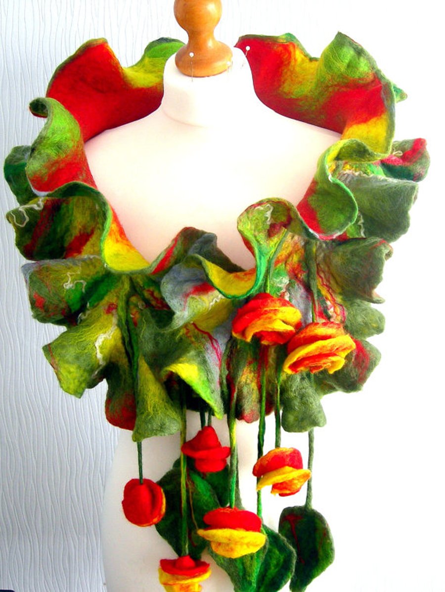   Hand Felted, Wool Jewelry felted SCARF-100% WOOL MERINO-PINK  BLOSSOM-