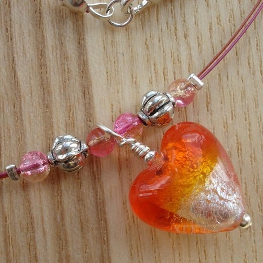 Orange Lampwork Glass Heart Necklace