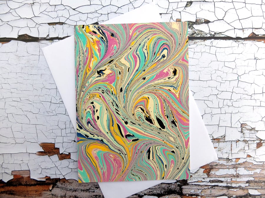 Eye-catching marbled paper art greetings card angel fish pattern 