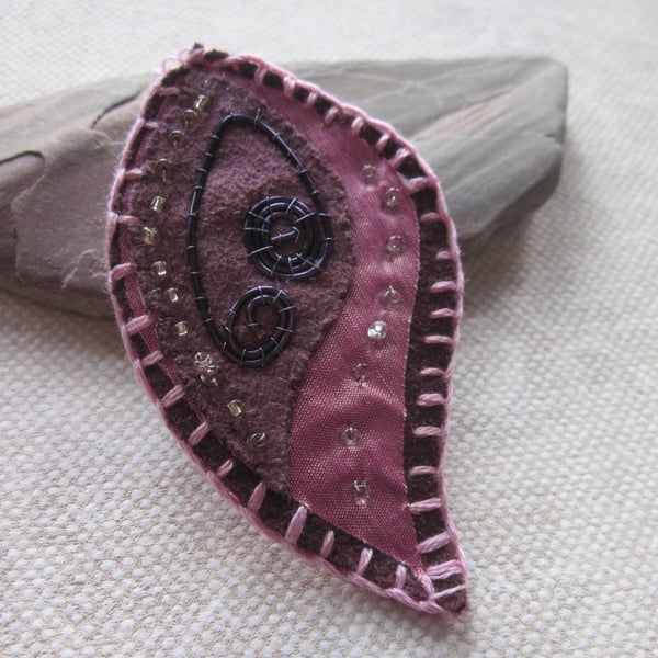 Purple Pink Beaded Fabric Leaf Brooch