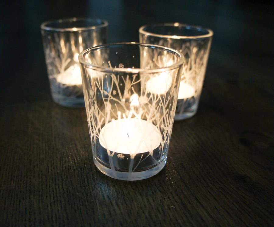 Hand Engraved Tea Light Candle Holder Winter Branches, Snowfall And Little Birds