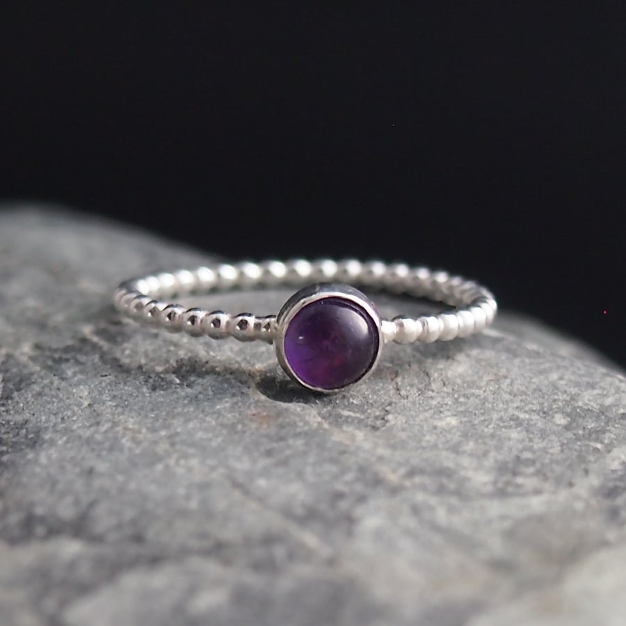 Silver Beaded Ring with Amethyst