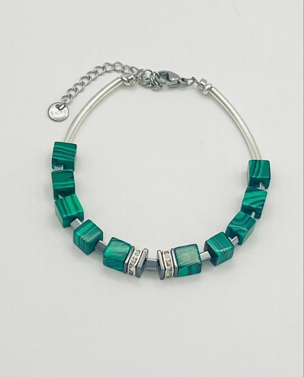 Green Malachite Cube Stone Bracelet in Silver Stainless Steel