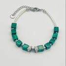 Green Malachite Cube Stone Bracelet in Silver Stainless Steel