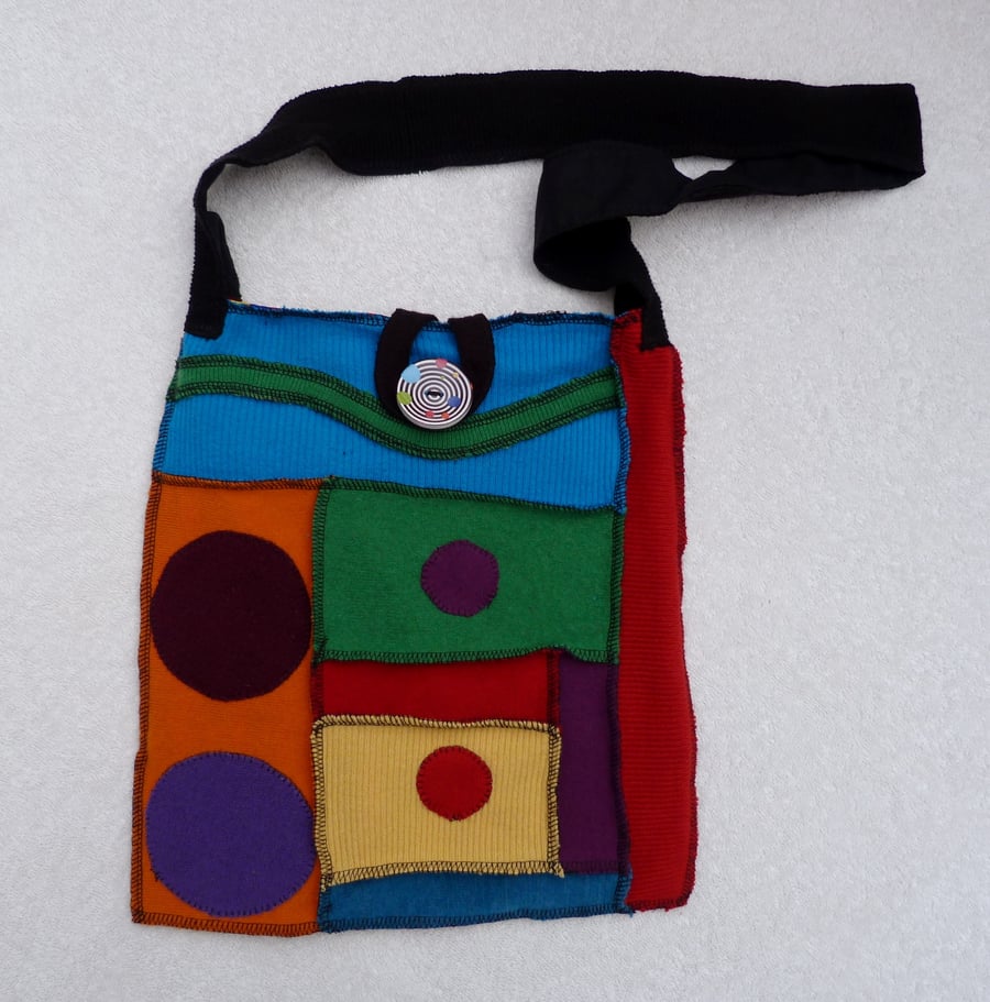 Upcycled Sweater Shoulder Bag .Rainbow Colours. Black Strap. Cotton Lining