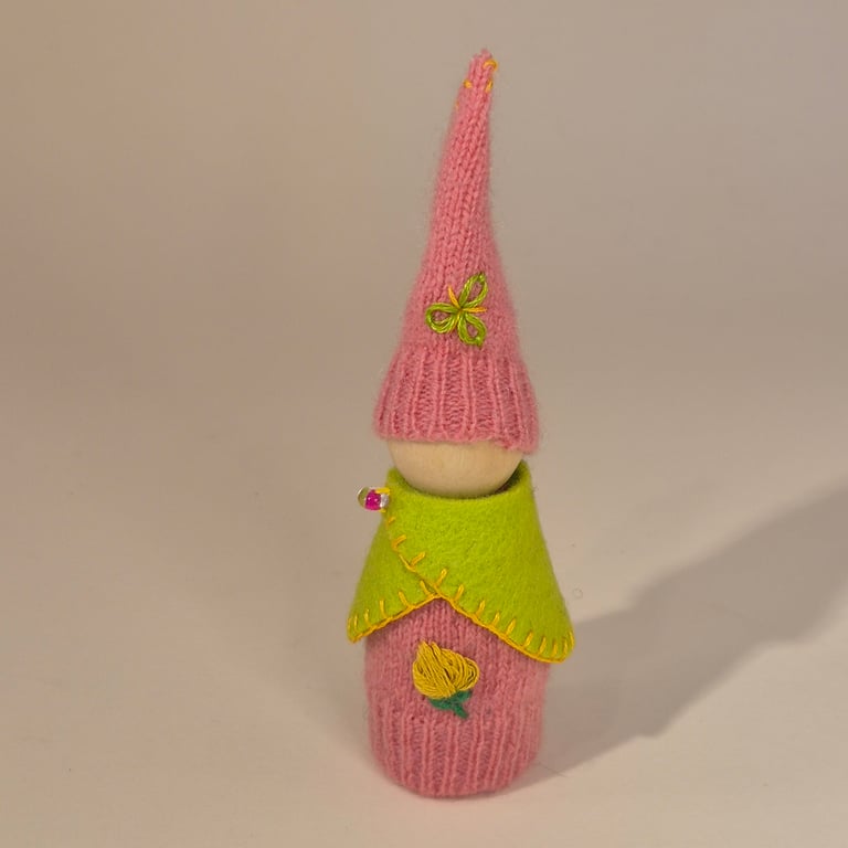 Large spring gnome with floral embroidery